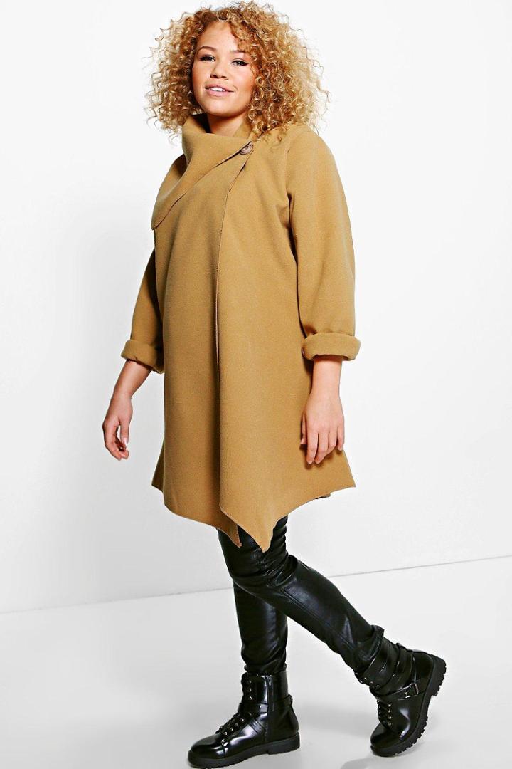 Boohoo Plus Jayne Wrap Drape Collar Coat Camel