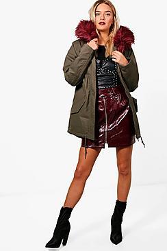 Boohoo Danielle Parka With Burgundy Faux Fur Hood & Lining