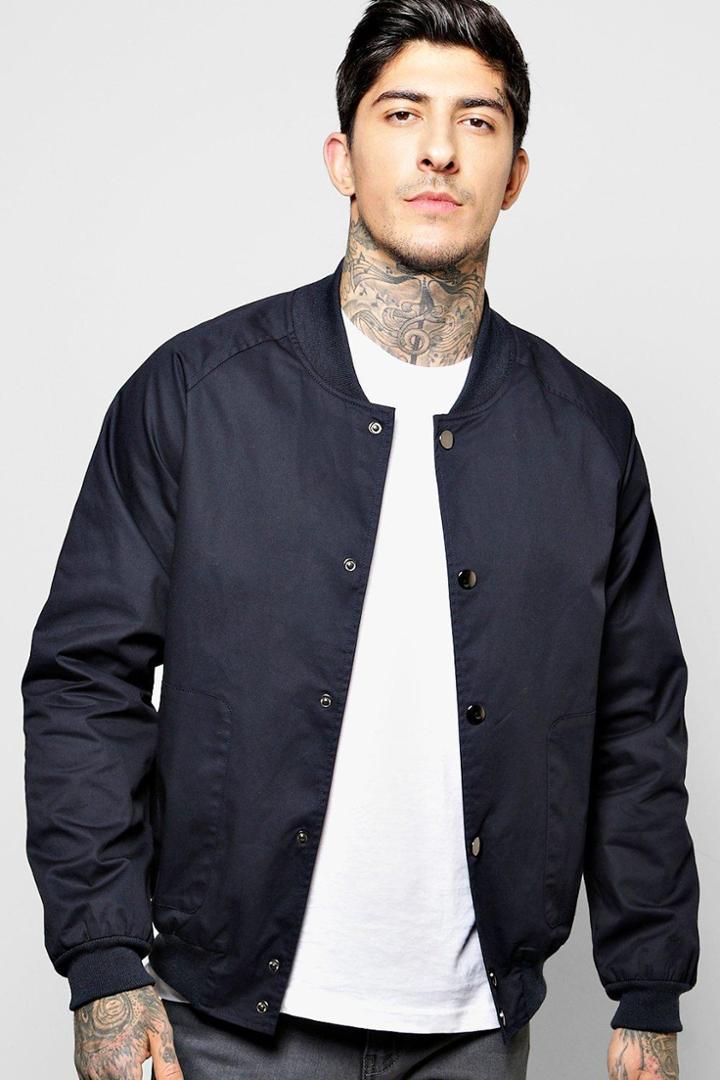 Boohoo Cotton Bomber With Popper Buttons Navy