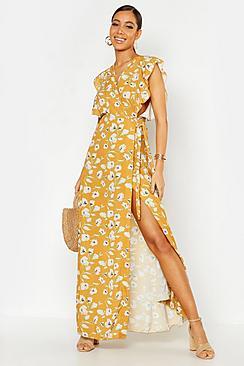 Boohoo Floral Woven Ruffle Sleeve Wrap Maxi Dress