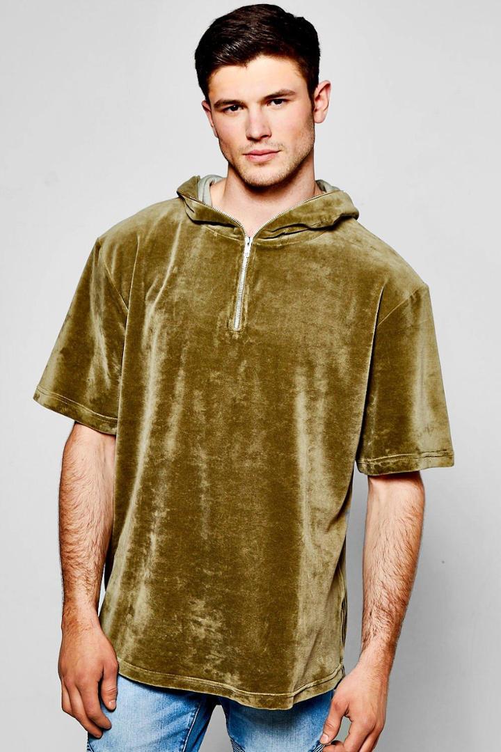 Boohoo Zip Hood Detail Velour Curved Hem Hoodie Olive