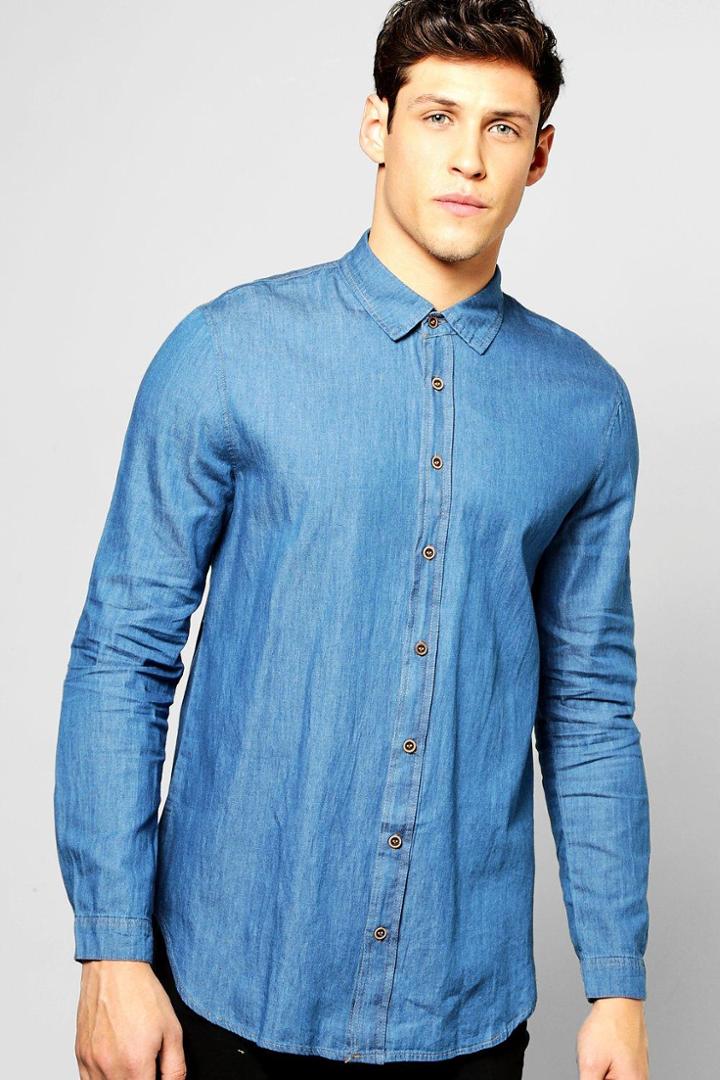Boohoo Longline Denim Shirt With Curved Hem Blue