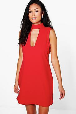 Boohoo Sonya High Neck Cut Out Sleeveless Shirt Dress