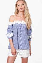 Boohoo Willow Gingham Crochet Bardot Top Blue