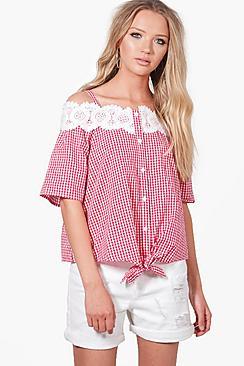 Boohoo Ava Gingham Crochet Cold Shoulder Blouse
