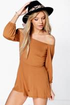Boohoo Emily Off The Shoulder Jersey Playsuit Tan
