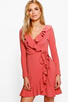 Boohoo Frey Ruffle Wrap Long Sleeved Tea Dress Lilas
