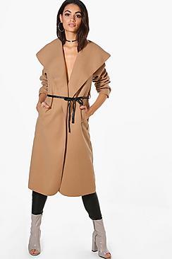 Boohoo Harriet Waterfall Pu Belted Wool Look Coat