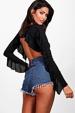 Boohoo Millie Rib Ruffle Sleeve Open Back Crop