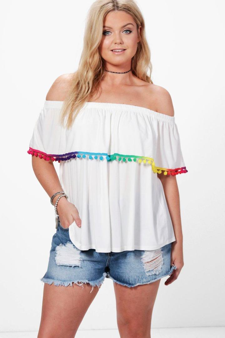 Boohoo Plus Jules Off The Shoulder Pom Pom Tassle Top Ivory