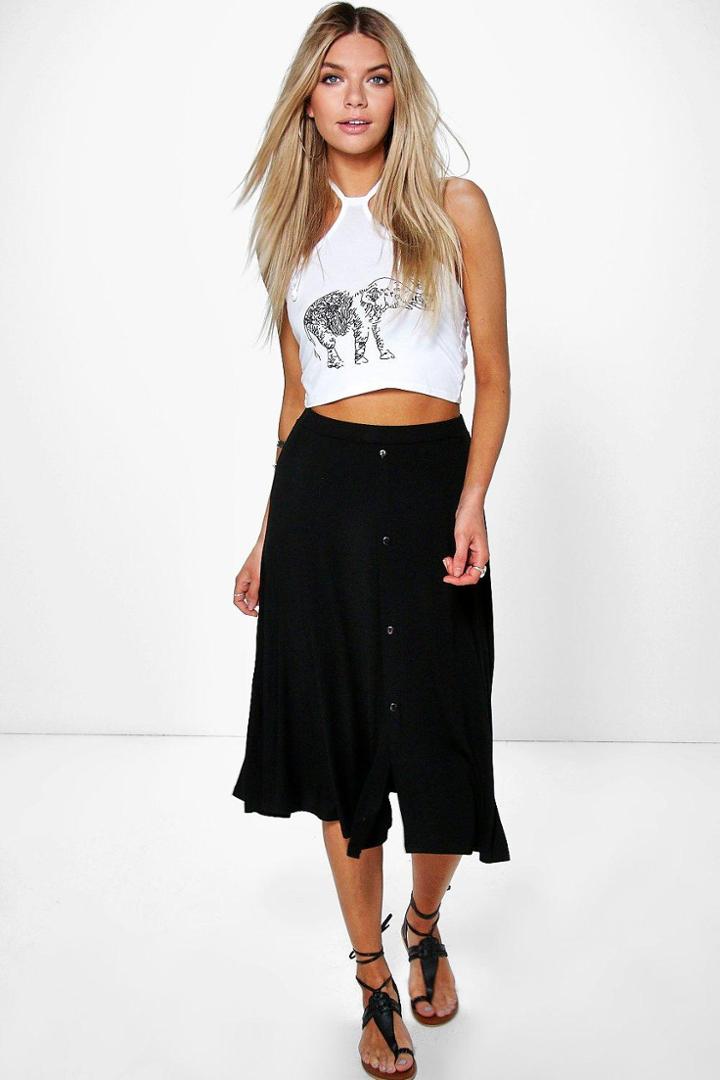 Boohoo Eva Button Front Jersey Skater Skirt Black