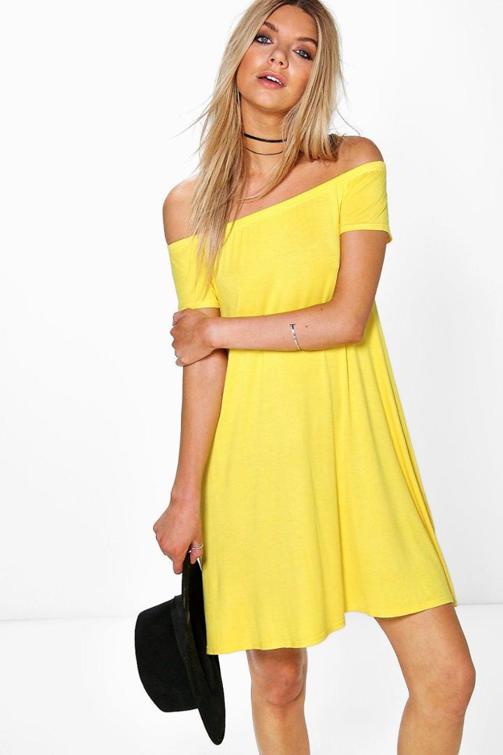 Boohoo Niamh Off The Shoulder Swing Dress Yellow