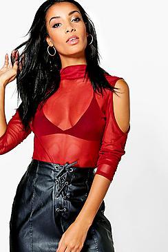Boohoo Rose Mesh Cold Shoulder Top