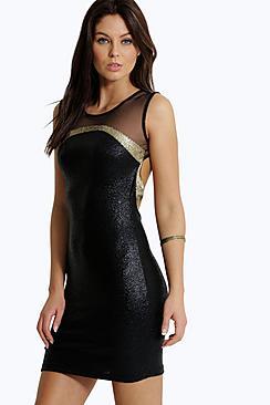Boohoo Christie Metallic Contrast Mesh Bodycon Dress