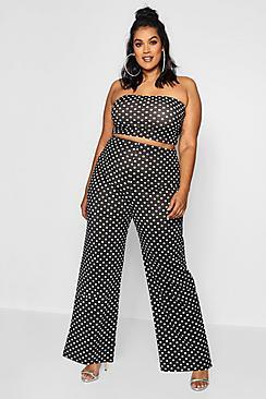 Boohoo Plus Casey Polka Dot Bandeau + Wide Leg Co-ord