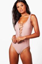 Boohoo Myknos Lace Up Bathing Suit Nude