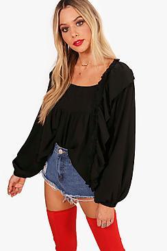 Boohoo Lily Ruffle Tassel Trim Folk Blouse