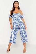 Boohoo Sweetheart Off The Shoulder Porcelain Print Jumpsuit