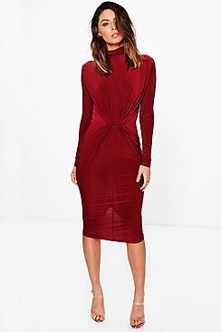 Boohoo Deborah High Neck Ruched Slinky Midi Dress