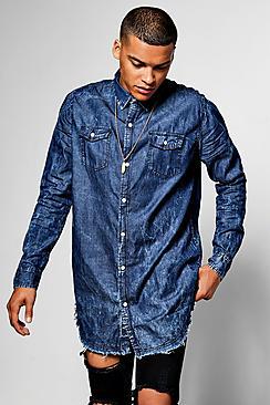 Boohoo Longline Denim Shirt With Raw Hem Curved