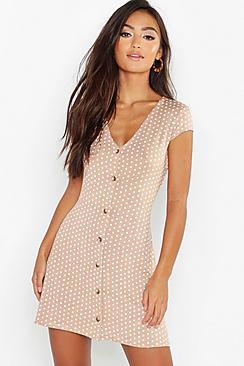 Boohoo Petite Cap Sleeve Button Polka Dot Swing Dress