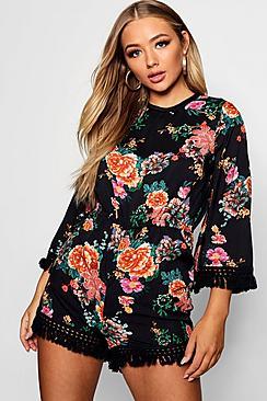 Boohoo Oriental Fringed Playsuit