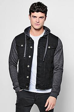 Boohoo Denim Jacket With Jersey Hood And Sleeves