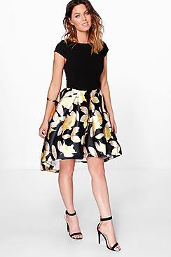 Boohoo Boutique Floral Sateen Dip Hem Skater Dress