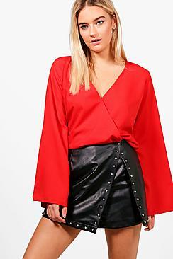 Boohoo Stephanie Wrap Front Woven Blouse