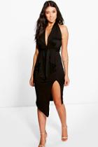 Boohoo Charlotte Tie Drape Detail Thigh Split Midi Dress Black