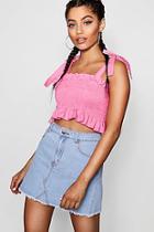 Boohoo Tie Shoulder Shirred Denim Top