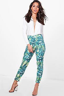 Boohoo Lola Palm Print Skinny Stretch Trousers