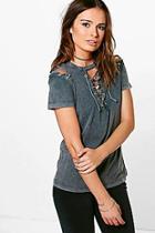 Boohoo Lilly Washed Lace Up & Sleeve Tee