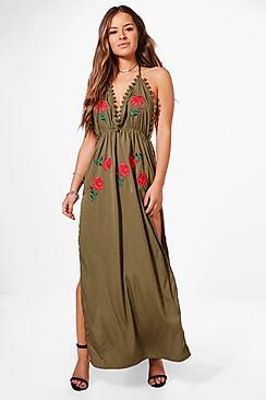 Boohoo Petite Yasmine Embroidered Pom Pom Maxi Dress