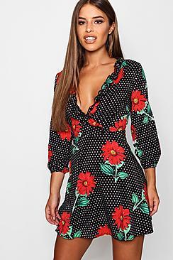 Boohoo Petite Polka Dot And Floral Dress