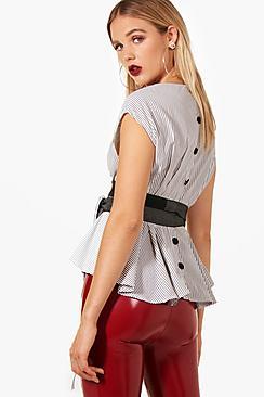 Boohoo Anna Stripe Belted Shirt Blouse