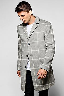 Boohoo Grey Wool Mix Check Overcoat