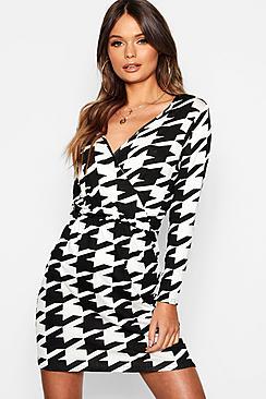 Boohoo Dogtooth Wrap Skater Dress