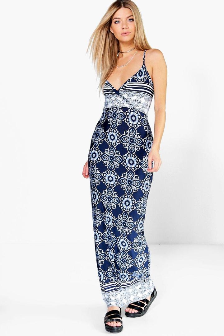 Boohoo Sophia Strappy Back Border Print Maxi Dress Blue