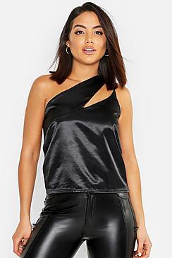 Boohoo Hammered Satin Cut Out One Shoulder Cami