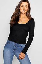 Boohoo Lettuce Hem Scoop Long Sleeve Rib Top