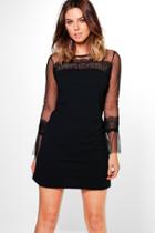 Boohoo Piper Mesh Deatil Long Sleeve Shift Dress Black