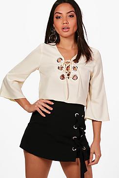 Boohoo Sophia Eyelet Lace Up Woven Blouse
