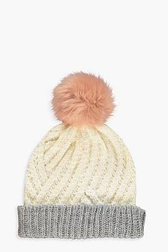 Boohoo Two Tone Faux Fur Pom Beanie