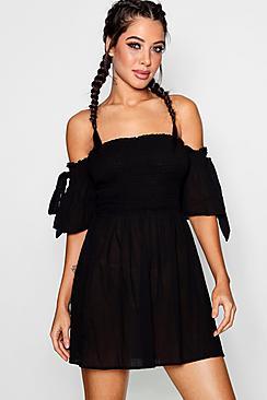 Boohoo Isla Tie Sleeve Bardot Beach Dress