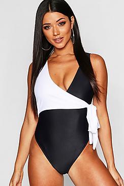 Boohoo Contrast Wrap Swimsuit