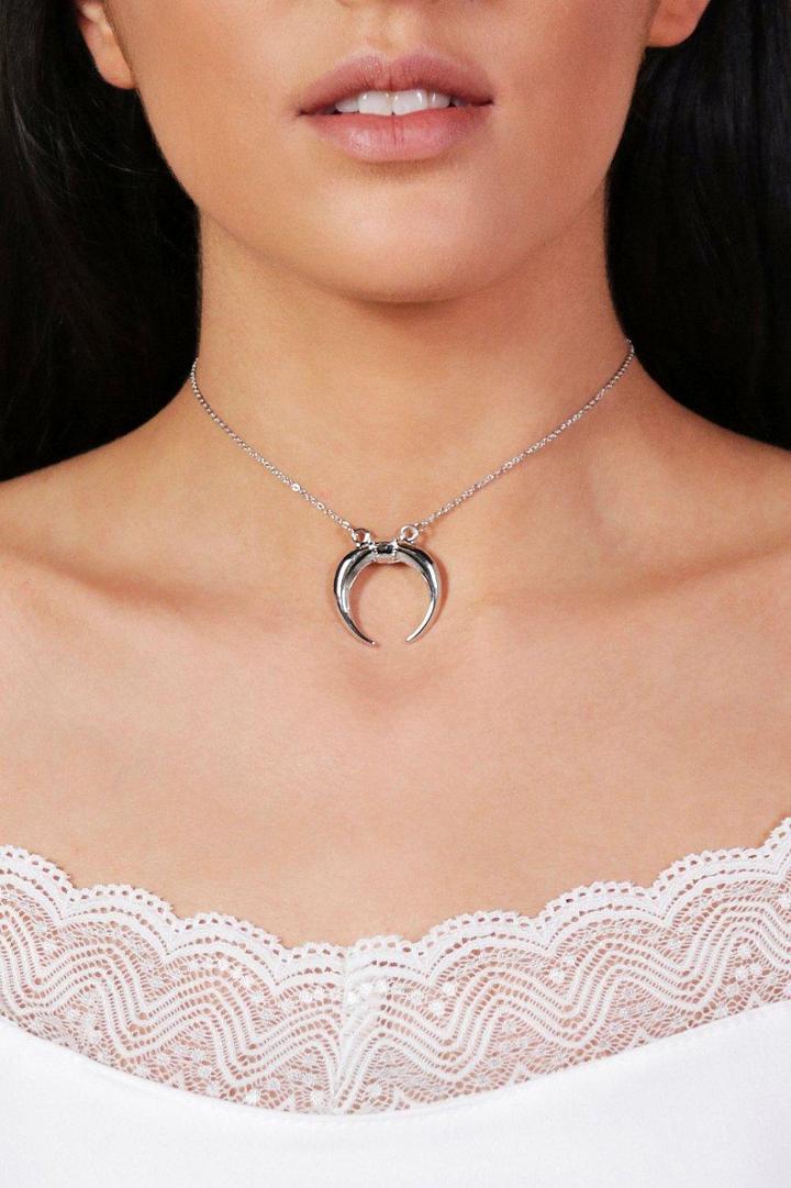 Boohoo Louise Horn Charm Chain Choker Silver