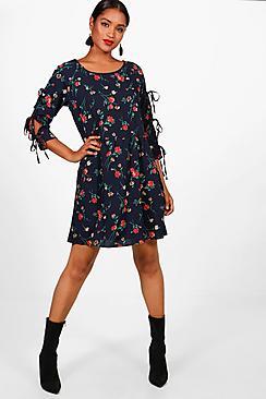 Boohoo Charline Lace Up Floral Skater Dress