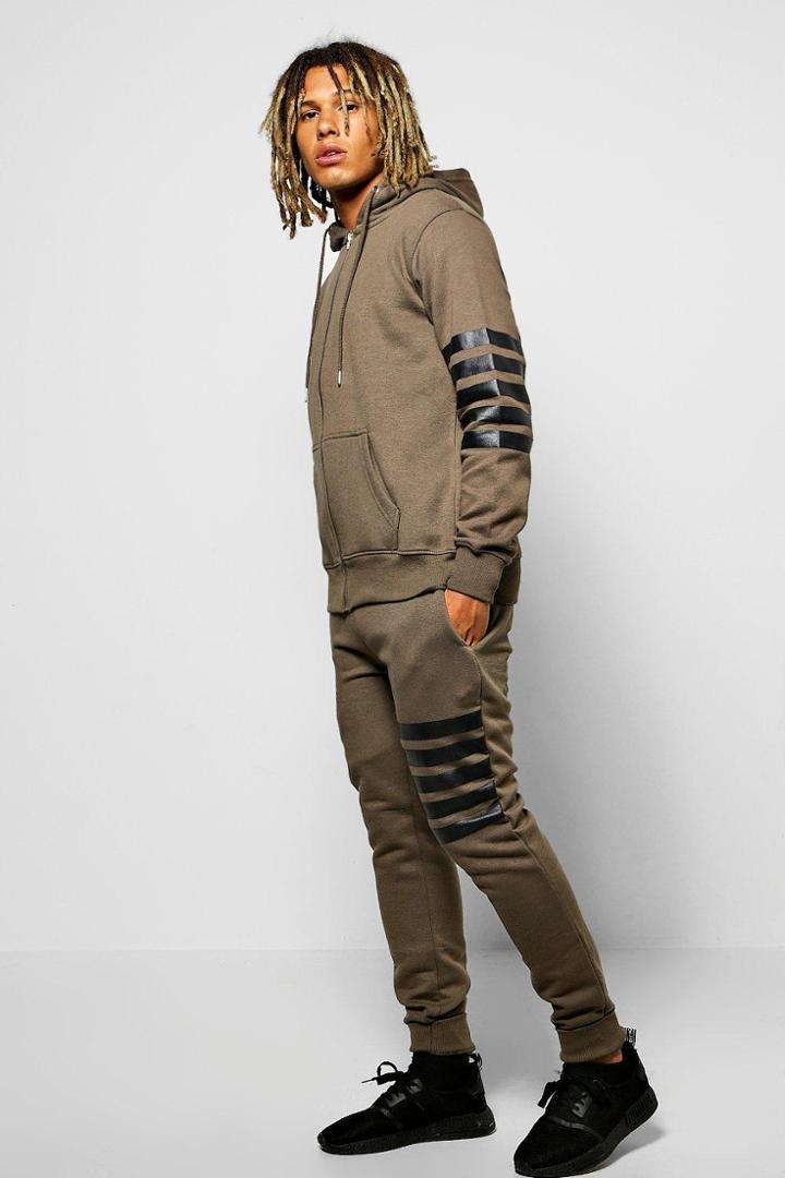 Boohoo Skinny Fit Stripe Tracksuit Khaki