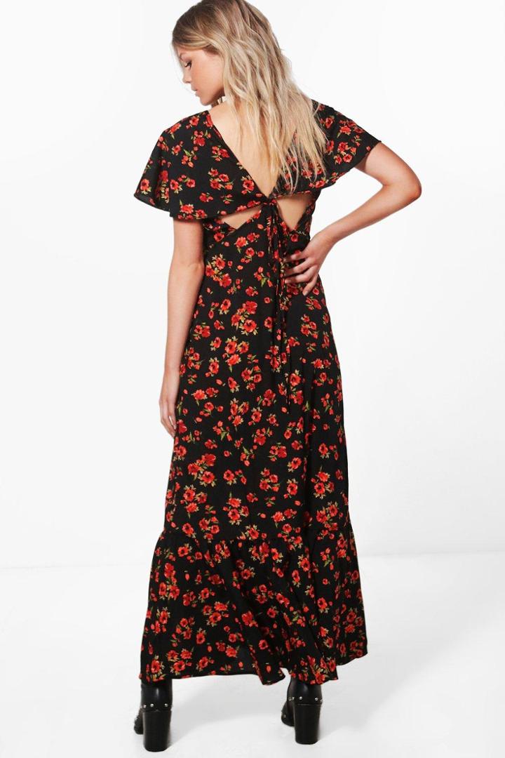 Boohoo Petite Hannah Floral Tie Back Maxi Dress Black